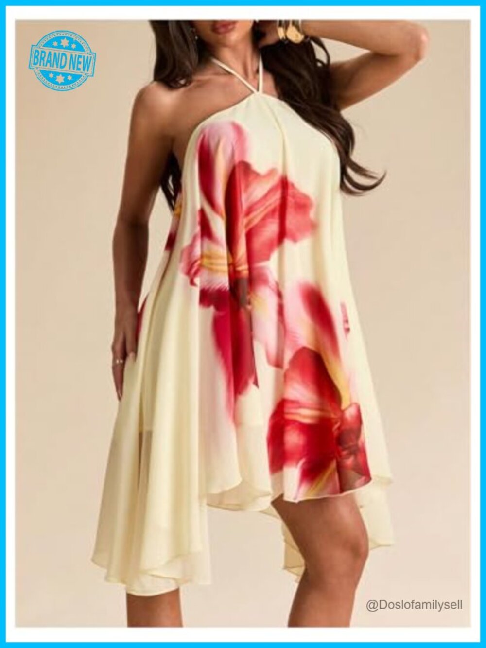 Flowy Floral Halter Mini Dress Ruffle Backless Summer Rave Concert - Picture 2 of 4